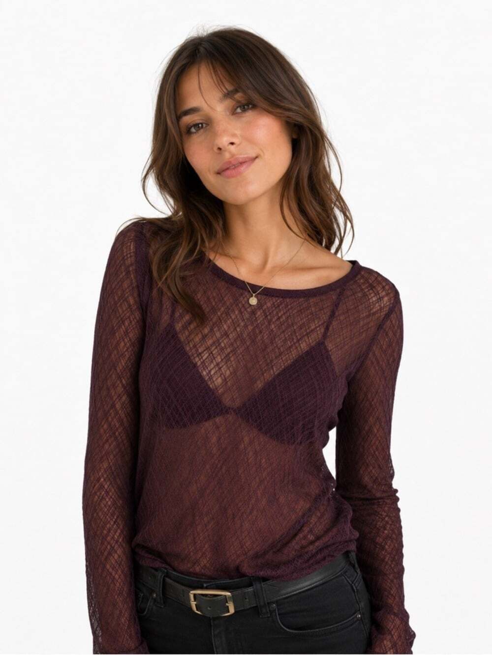 RW&Co. Purple Sheer Puffy Sleeved Long Sleeve Top Blouse Large
